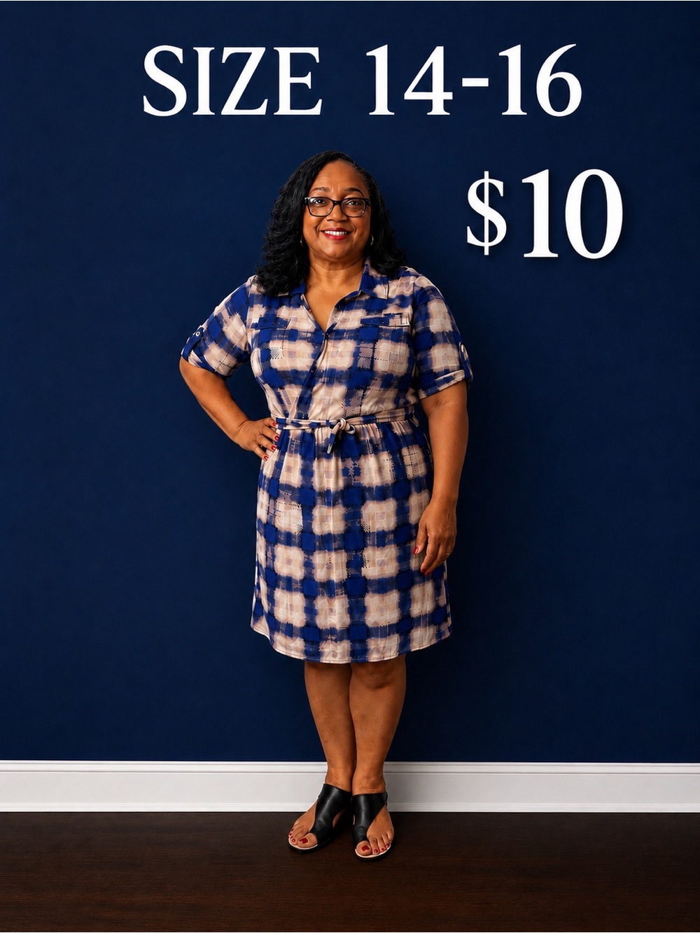 Navy and Cream Tie-Dye Shirt Dress with Waist Tie